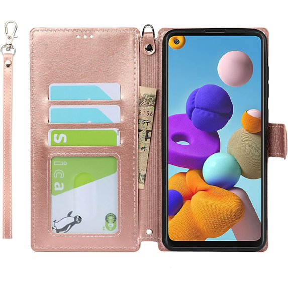 Wallet Case for Samsung Galaxy A21S with Card Holder Slots,Kickstand Phone Cover Premium Leather Magnetic Closure Slim Flip Shockproof Wrist Strap Case for Samsung Galaxy A21S 6.5",Rosegold