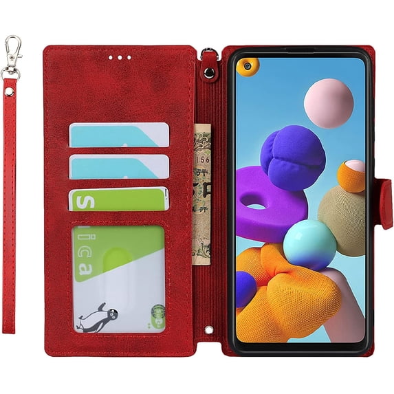 Wallet Case for Samsung Galaxy A21S with Card Holder Slots,Kickstand Phone Cover Premium Leather Magnetic Closure Slim Flip Shockproof Wrist Strap Case for Samsung Galaxy A21S 6.5",Wine Red