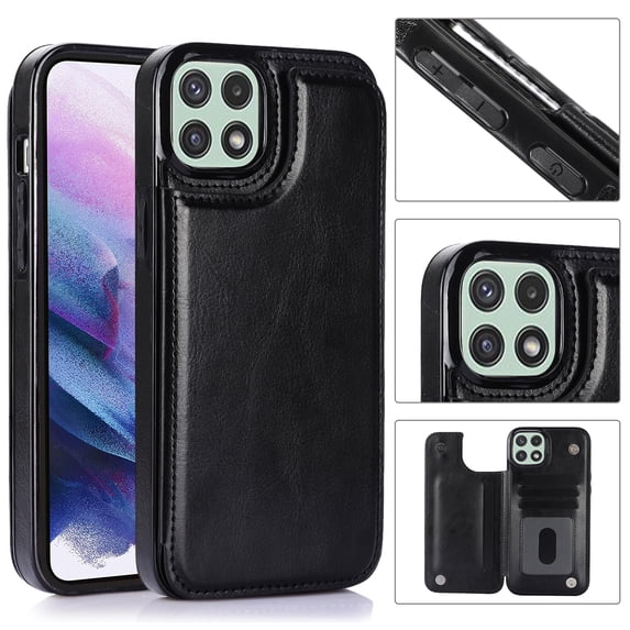Wallet Case for Samsung Galaxy A22 5G with Card Holder, Back Folio Flip Premium PU Leather Kickstand Card Slots Case, Double Strong Magnetic Clasp Durable Shockproof Phone Case,Black