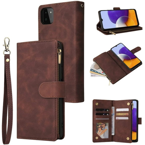 Wallet Case for Samsung Galaxy A22 5G, Premium Vintage PU Leather Magnetic Closure Handbag Zipper Pocket Case Kickstand Card Holder Slots with Wrist Strap TPU Shockproof Flip Cover - Coffee