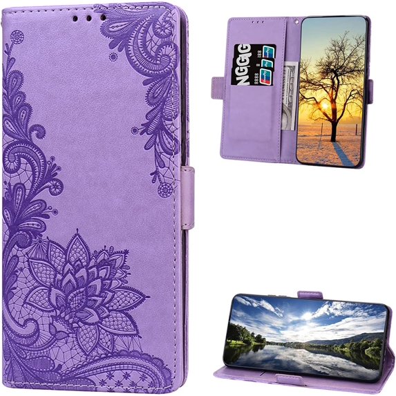 Wallet Case for Samsung Galaxy A23 5G/4G, Lace Flower Shockproof PU Leather Double Buckle Case with Cash Card Slots and Kickstand Function Cover for Samsung Galaxy A23, LSSK Purple