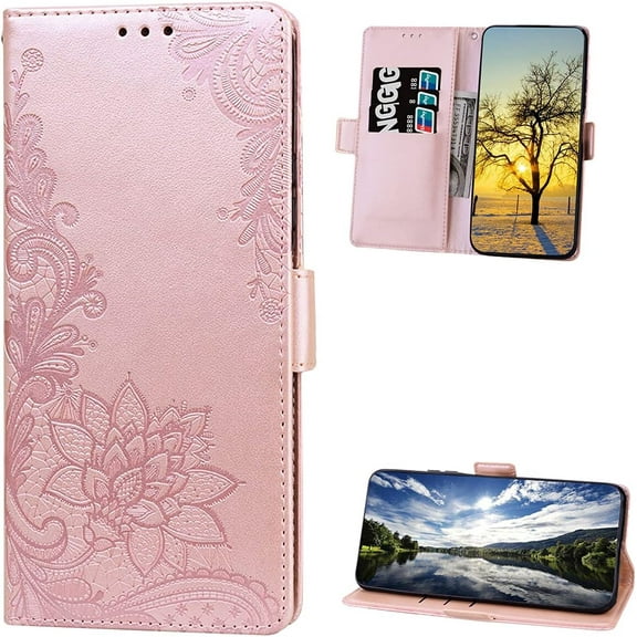 Wallet Case for Samsung Galaxy A23 5G/4G, Lace Flower Shockproof PU Leather Double Buckle Case with Cash Card Slots and Kickstand Function Cover for Samsung Galaxy A23, LSSK Rose Gold