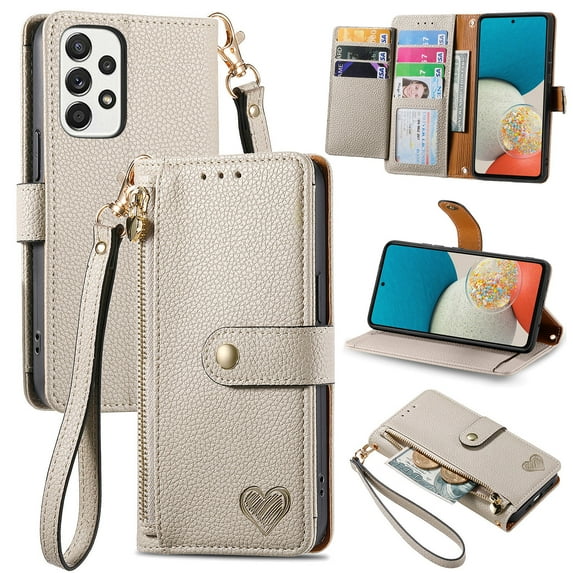 Wallet Case for Samsung Galaxy A23 5G Women Men, Durable PU Leather Magnetic Flip Lanyard Strap Wristlet Zipper Card Holder Kickstand Wallet Phone Case Cover Full Body Protection, Gray