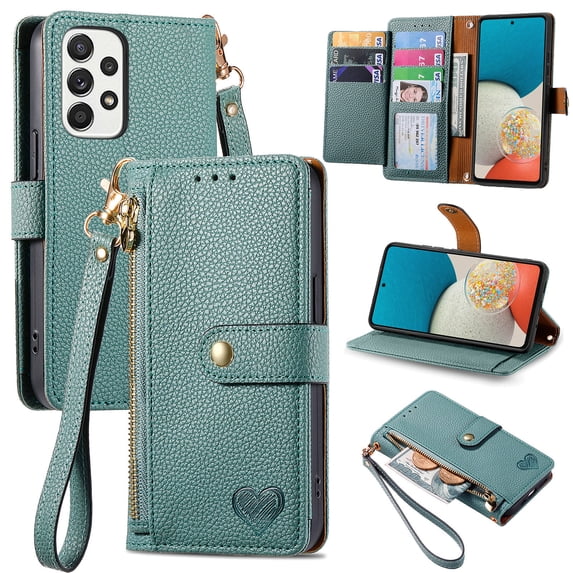 Wallet Case for Samsung Galaxy A23 5G Women Men, Durable PU Leather Magnetic Flip Lanyard Strap Wristlet Zipper Card Holder Kickstand Wallet Phone Case Cover Full Body Protection, Green