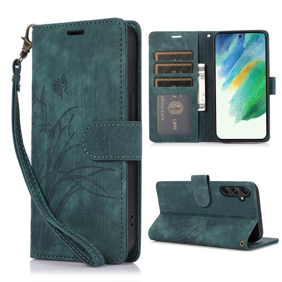 Wallet Case for Samsung Galaxy A25 5G, PU Leather Flip Protective Wrist Strap Card Slots Holder Pocket Embossed Stand Full Body Protection Rugged Cover for Samsung Galaxy A25 5G, Green