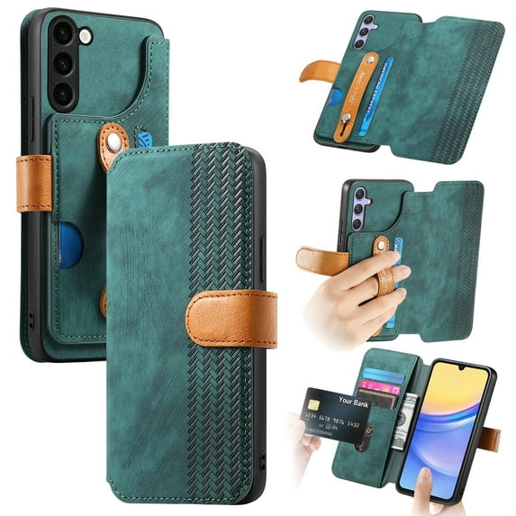 Wallet Case for Samsung Galaxy A25 5G, Premium PU Leather RFID Blocking Shockproof Cards Slots Hand Strap Slim Fit Flip Cover Stand Shockproof Full Protective Phone Case for Women Men, Green