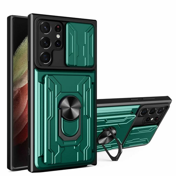 Wallet Case for Samsung Galaxy A26 5G with Camera Cover & Kickstand,Slide Lens Protection Card Holder Slot 360°Rotate Ring Hybrid Rugged Bumper Shockproof Cover for Samsung A26 5G, Green