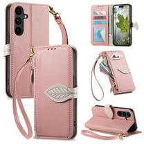 Wallet Case for Samsung Galaxy A26 5G Flip PU Leather Protective Kickstand Cover, with Lanyard & Crossbody Strap Shockproof Card Slots Zipper Pocket Leaf Design Magnetic Clasp Phone Case, Rosegold