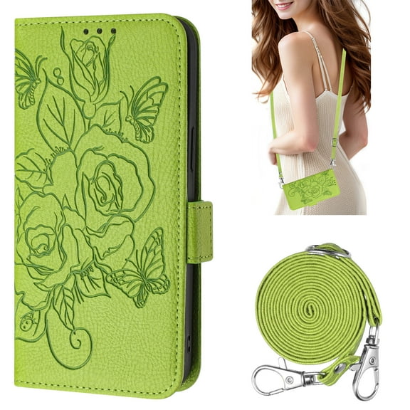 Wallet Case for Samsung Galaxy A26 5G, Rose Flower Embossed PU Leather Flip Cover with Wrist & Shoulder Strap,Kickstand RFID Blocking Magnetic Card Slots Full Body Protection for Women, Green