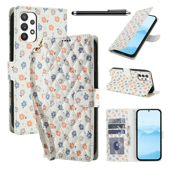 Wallet Case for Samsung Galaxy A32 4G , PU Leather Phone Cover Kickstand RFID Blocking Flip Case Card Slots Wrist Strap Relief Engraved Pattern Magnetic With Stylus Pen, Colorful Flower