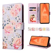 Wallet Case for Samsung Galaxy A32 5G 6.5 Inch, Bronzing Flower Pattern Soft TPU Drop Resistant Magnetic Clasp Flip Case with Card Slots Stand Wrist Strap Folio Phone Cover,Pink Rose