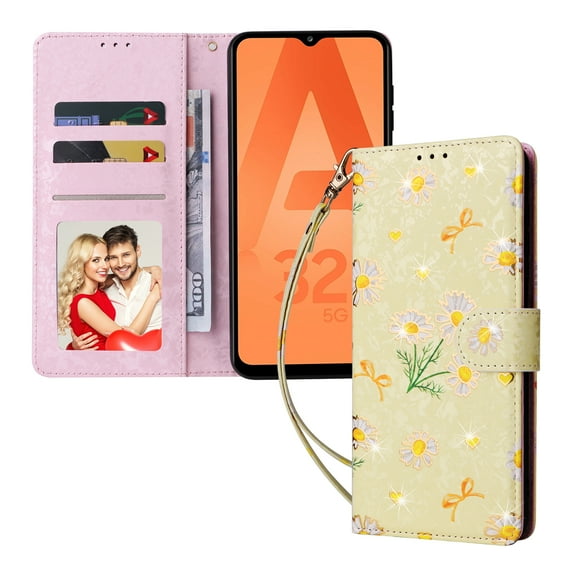 Wallet Case for Samsung Galaxy A32 5G 6.5 Inch with Card Slots Stand Bracket Flip Folio Phone Cover, Flower Pattern PU Leather Drop Resistant Wrist Strap Magnetic Clasp Case,Yellow Daisy