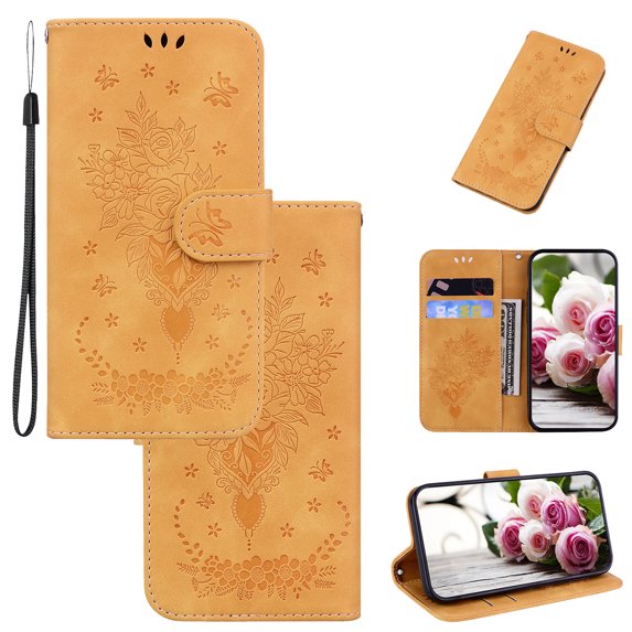 Wallet Case for Samsung Galaxy A32 5G, Butterfly Embossed & Cute Flower Patterned PU Leather Magnetic Clasp Flip Stand Card Slots Kickstand with Hand Strap Shockproof Cover For Samsung Galaxy A3Yellow