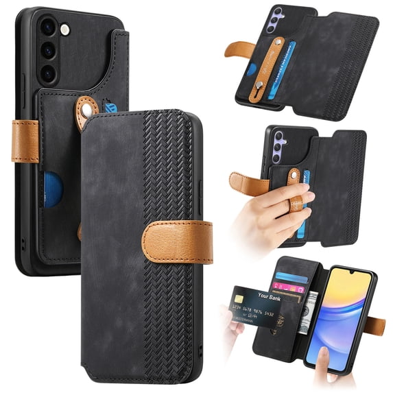 Wallet Case for Samsung Galaxy A32 5G, Premium PU Leather RFID Blocking Shockproof Cards Slots Hand Strap Slim Fit Flip Cover Stand Shockproof Full Protective Phone Case for Women Men, Black