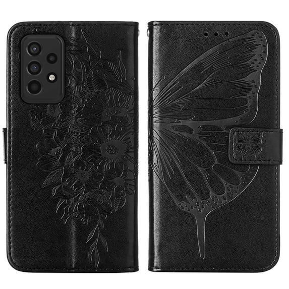 Wallet Case for Samsung Galaxy A33 5G 6.4 Inch with Wrist Strap Card Holder Slots Kickstand Flip Folio Case, Butterfly Pattern PU Leather Luxury Bracket Shockproof Protective Phone Cover,Black
