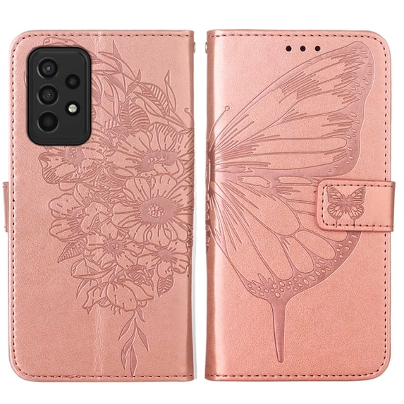 Wallet Case for Samsung Galaxy A33 5G 6.4 Inch with Wrist Strap Card Holder Slots Kickstand Flip Folio Case, Butterfly Pattern PU Leather Luxury Bracket Shockproof Protective Phone Cover,Rosegold