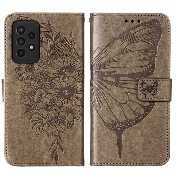 Wallet Case for Samsung Galaxy A33 5G 6.4 Inch with Wrist Strap Card Holder Slots Kickstand Flip Folio Case, Butterfly Pattern PU Leather Luxury Bracket Shockproof Protective Phone Cover,Gray