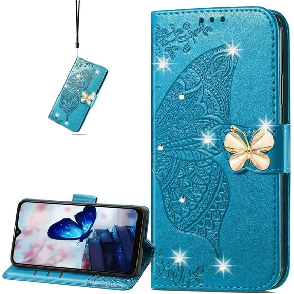 Wallet Case for Samsung Galaxy A33 5G (NOT 4G), 3D Butterfly Flower PU Leather with Credit Card Slots Holder Magnetic Closure Folio Phone Cover for Samsung Galaxy A33 5G Rhinestone Blue