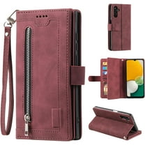 Wallet Case for Samsung Galaxy A34 5G, 9 Card Holder Slots Zipper Pocket Handbag Case Magnetic Closure Kickstand with Wrist Strap TPU Shockproof Flip Case - Wine Red