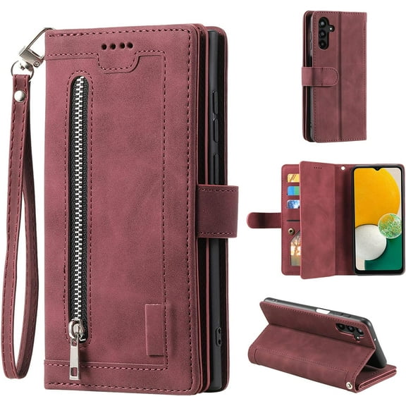 Wallet Case for Samsung Galaxy A34 5G, 9 Card Holder Slots Zipper Pocket Handbag Case Magnetic Closure Kickstand with Wrist Strap TPU Shockproof Flip Case - Wine Red