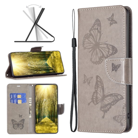 Wallet Case for Samsung Galaxy A34 5G, Butterflies Pattern PU Leather Flip Case with Card Holder, Kickstand Folio Magnetic Clasp Shockproof Protective Phone Cover for Galaxy A34 5G, Gray