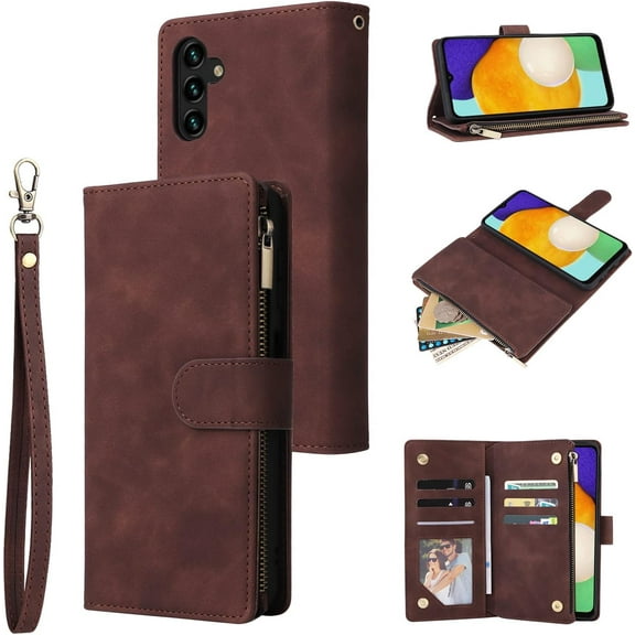 Wallet Case for Samsung Galaxy A34 5G, Premium PU Leather Magnetic Closure Handbag Zipper Pocket Case Kickstand Card Slots with Hand Strap Shockproof Flip Case - Coffee
