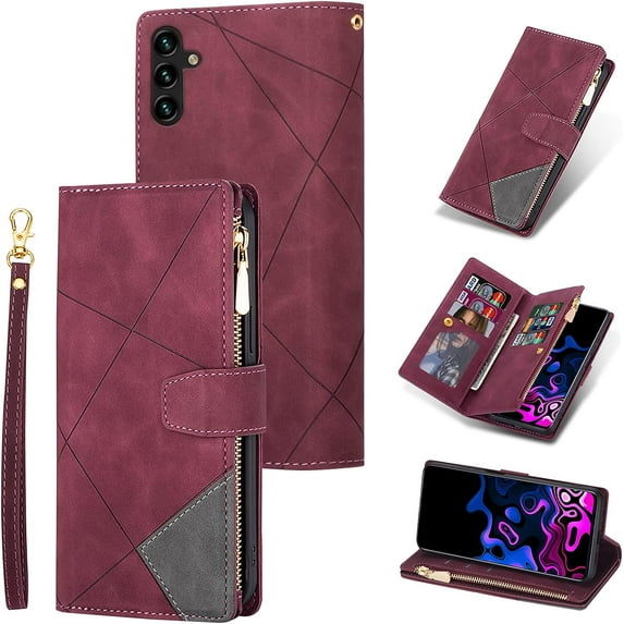 Wallet Case for Samsung Galaxy A34 5G, Vintage Premium PU Leather Cover Flip Case with Card Slots Magnetic Closure Zipper Pocket Kickstand Handbag with Hand Strap - Diamond Red