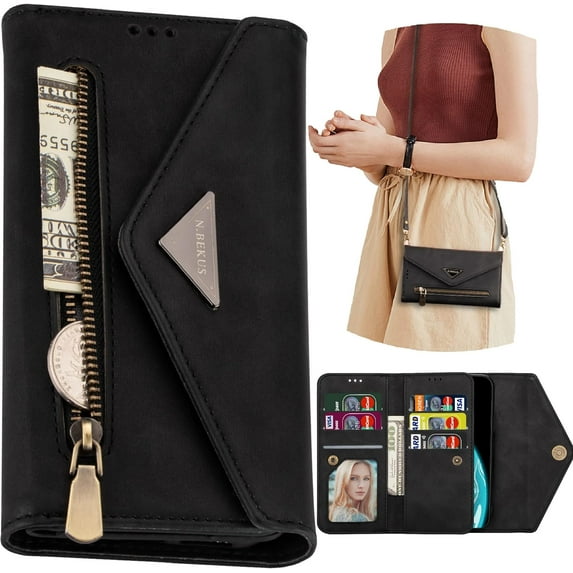 Wallet Case for Samsung Galaxy A34 5G for Women, Shoulder Crossbody Purse Handbag Neck Strap Lanyard Cover with ID Card Holder Phone Case for Samsung Galaxy A34 5G XK Black