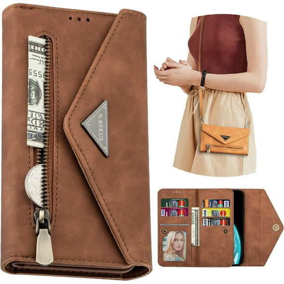 Wallet Case for Samsung Galaxy A34 5G for Women, Shoulder Crossbody Purse Handbag Neck Strap Lanyard Cover with ID Card Holder Phone Case for Samsung Galaxy A34 5G XK Brown