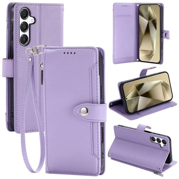Wallet Case for Samsung Galaxy A35 5G 6.6-inch, Litchi Leather Flip Zipper Purse Cover with Card Holder, Detachable Wristlet, Kickstand Shockproof Protective Phone Case,Purple,For Galaxy A35 (5G)