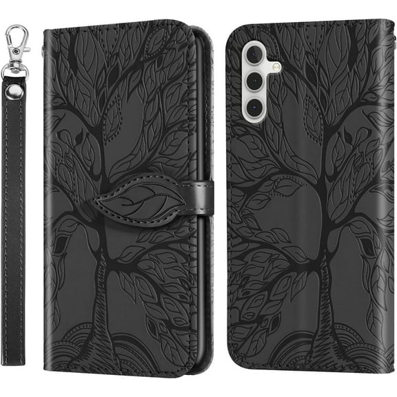 Wallet Case for Samsung Galaxy A35 5G Case Women Leather Flip with Wrist Strap Magnetic with Card Holder Adjustable Stand Protective Case for Samsung Galaxy A35 5G Life Tree Black