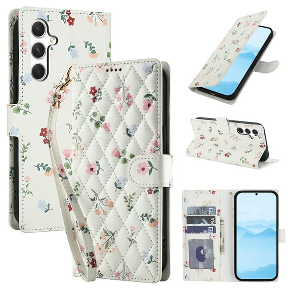 Wallet Case for Samsung Galaxy A35, Flower PU Leather Durable Phone Case Kickstand Flip Case with Card Slots Wrist Strap Pattern Magnetic Closure Protective Case for Galaxy A35 - A