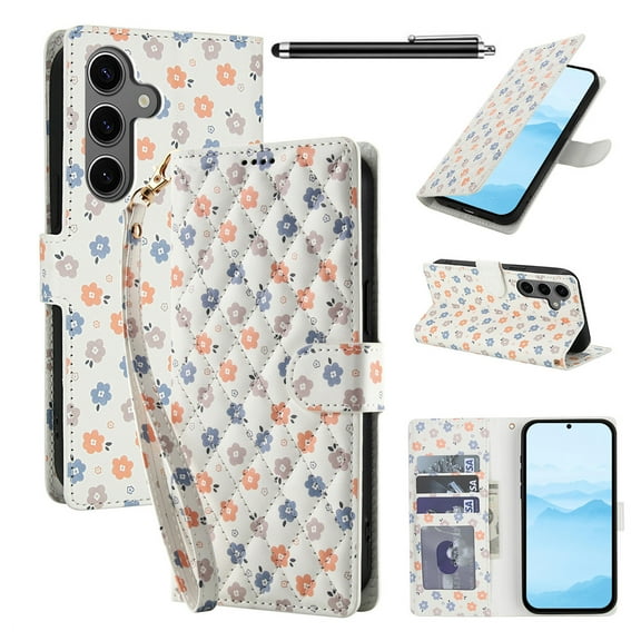 Wallet Case for Samsung Galaxy A35 , PU Leather Phone Cover Kickstand RFID Blocking Flip Case Card Slots Wrist Strap Relief Engraved Pattern Magnetic With Stylus Pen, Colorful Flower