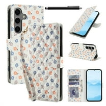 Wallet Case for Samsung Galaxy A35 , PU Leather Phone Cover Kickstand RFID Blocking Flip Case Card Slots Wrist Strap Relief Engraved Pattern Magnetic With Stylus Pen, Colorful Flower