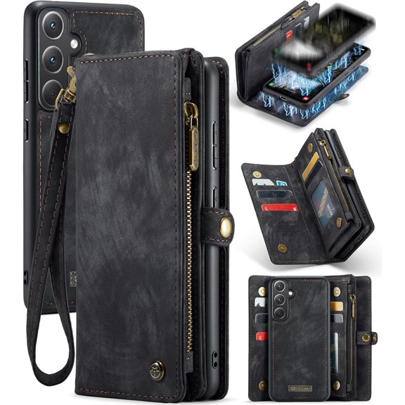 Wallet Case for Samsung Galaxy A35, Zipper Purse Folio Leather Wallet with Card Holder Wrist Strap Detachable Magnetic Shockproof Protective Back Case for Samsung Galaxy A35 5G