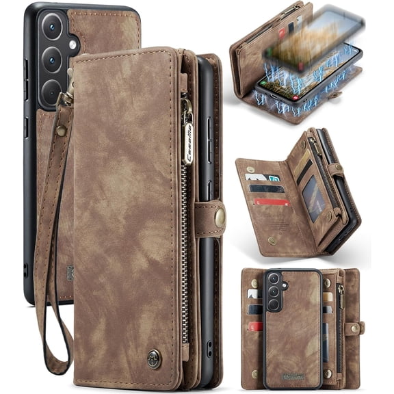 Wallet Case for Samsung Galaxy A35, Zipper Purse Folio Leather Wallet with Card Holder Wrist Strap Detachable Magnetic Shockproof Protective Back Case for Samsung Galaxy A35 5G