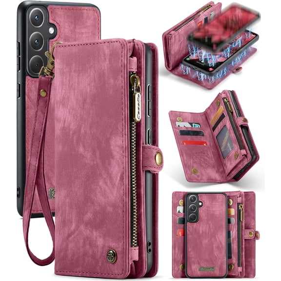 Wallet Case for Samsung Galaxy A35, Zipper Purse Folio Leather Wallet with Card Holder Wrist Strap Detachable Magnetic Shockproof Protective Back Case for Samsung Galaxy A35 5G