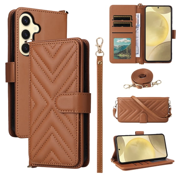 Wallet Case for Samsung Galaxy A36 5G with Card Holder/Wrist Strap/Crossbody Strap/Magnetic Snap/Kickstand PU Leather Shockproof Full Body Protective Rugged Phone Cover for Galaxy A36 5G, Brown