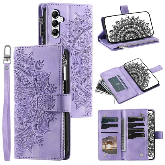 Wallet Case for Samsung Galaxy A36 5G with Card Slots, Embossed Pattern PU Leather Zipper Pocket Kickstand Cover, Shockproof Magnetic Clasp Case with Wrist Strap for Samsung Galaxy A36 5G, Purple