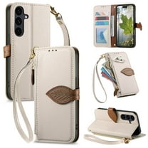 Wallet Case for Samsung Galaxy A36 5G Flip PU Leather Protective Kickstand Cover, with Lanyard & Crossbody Strap Shockproof Card Slots Zipper Pocket Leaf Design Magnetic Clasp Phone Case, White
