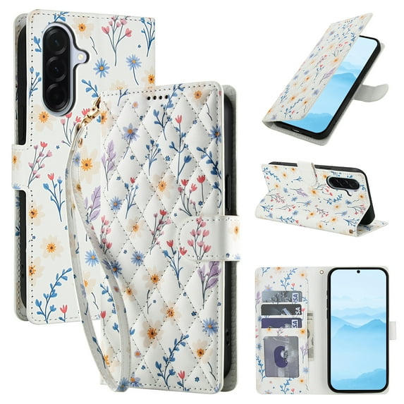 Wallet Case for Samsung Galaxy A36 5G, Flower PU Leather Durable Phone Case Kickstand Flip Case with Card Slots Wrist Strap Pattern Magnetic Closure Protective Case for Galaxy A36 5G - E