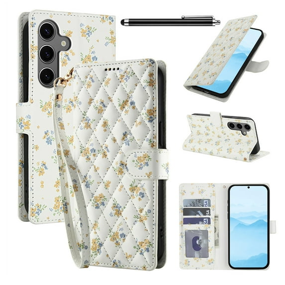 Wallet Case for Samsung Galaxy A36 , PU Leather Phone Cover Kickstand RFID Blocking Flip Case Card Slots Wrist Strap Relief Engraved Pattern Magnetic With Stylus Pen, Gold Flower