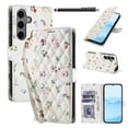 thumbnail image 1 of Wallet Case for Samsung Galaxy A36 , PU Leather Phone Cover Kickstand RFID Blocking Flip Case Card Slots Wrist Strap Relief Engraved Pattern Magnetic With Stylus Pen, Pink Flower, 1 of 10