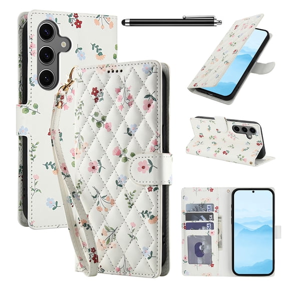 Wallet Case for Samsung Galaxy A36 , PU Leather Phone Cover Kickstand RFID Blocking Flip Case Card Slots Wrist Strap Relief Engraved Pattern Magnetic With Stylus Pen, Pink Flower