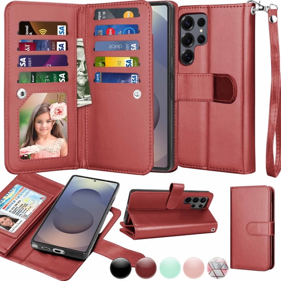 Wallet Case for Samsung Galaxy A36 Wallet Case 5G (2025), [9 Card Slots] Luxury PU Leather Credit Holder Carrying Folio Flip [Detachable] Kickstand Magnetic Phone Cover & Lanyard [Wine]