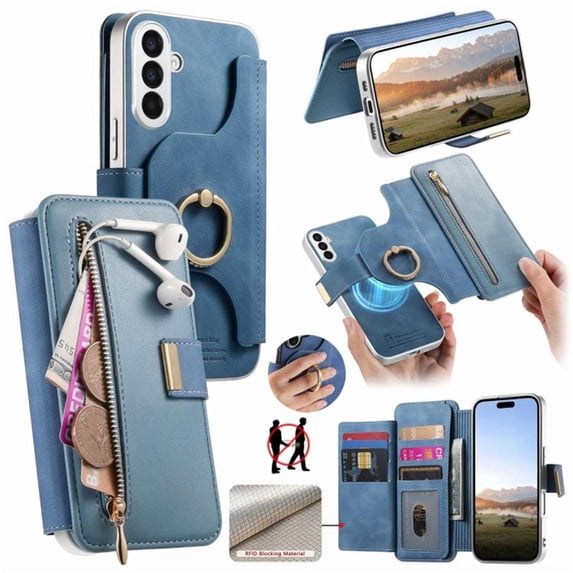 Wallet Case for Samsung Galaxy A37 5G 6.7" 2-in-1 PU Leather【RFID Blocking】Flip Card Holder Zipper Pocket, Metal Ring Stand Shockproof Magnetic Detachable Cover,Blue,For Galaxy A37 5G