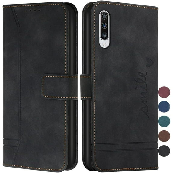 Wallet Case for Samsung Galaxy A50, Galaxy A50 Case with Card Holder Leather Flip Case with Kickstand Magnetic Full Protection Compatible with Samsung Galaxy A50 Smile Black