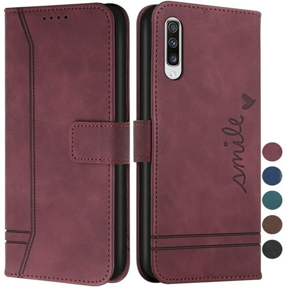 Wallet Case for Samsung Galaxy A50, Galaxy A50 Case with Card Holder Leather Flip Case with Kickstand Magnetic Full Protection Compatible with Samsung Galaxy A50 Smile Red Wine