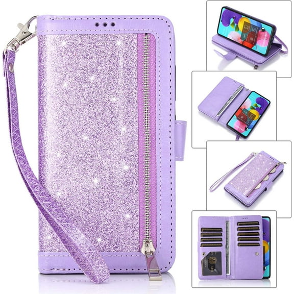 Wallet Case for Samsung Galaxy A51,Magnetic Handbag Zipper Pocket PU Leather Flip with 9 Card Slots and Wrist Strap Folio TPU Inner Stand Case for Samsung Galaxy A51 - Purple