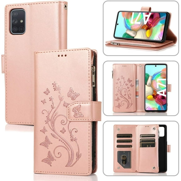 Wallet Case for Samsung Galaxy A51, Premium PU Leather Magnetic Closure Flower Pattern Handbag Zipper Pocket Case Kickstand Card Holder Slots Shockproof Flip Cover for Galaxy A51 - Rose Gold